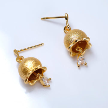 CZ Golden Bellflower Dew Drop Dainty Diamond Earrings, Long Bridal Jewelry, Bridal Earrings, Crystal Bridal Earrings, Statement Earrings Cz